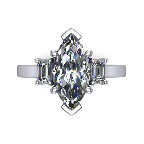 Madelyn marquise three stone engagement ring in 18K White Gold with emerald-cut side stones, top-down view of the center and emerald-cut side stones