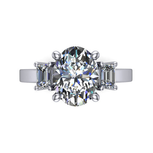 Madelyn oval three stone engagement ring in 14K White Gold with emerald-cut side stones, top-down view of the center and emerald-cut side stones