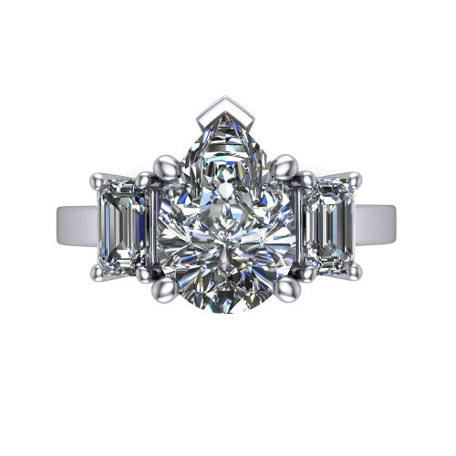 Madelyn pear three stone engagement ring in 14K White Gold with emerald-cut side stones, top-down view of the center and emerald-cut side stones