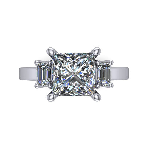 Madelyn princess three stone engagement ring in 18K White Gold with emerald-cut side stones, top-down view of the center and emerald-cut side stones