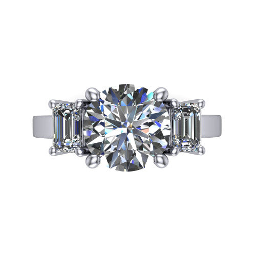 Madelyn round three stone engagement ring in Platinum with emerald-cut side stones, top-down view of the center and emerald-cut side stones