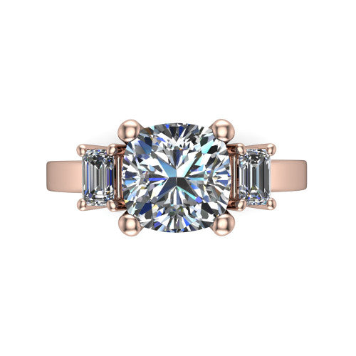 Madelyn cushion three stone engagement ring in 18K Rose Gold with emerald-cut side stones, top-down view of the center and emerald-cut side stones