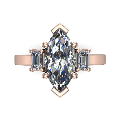 Madelyn marquise three stone engagement ring in 14K Rose Gold with emerald-cut side stones, top-down view of the center and emerald-cut side stones