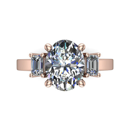 Madelyn oval three stone engagement ring in 18K Rose Gold with emerald-cut side stones, top-down view of the center and emerald-cut side stones