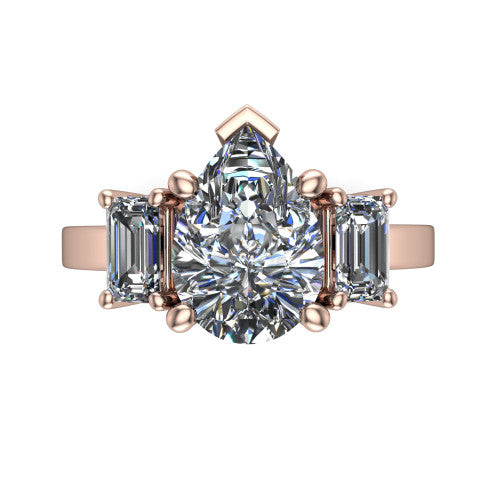 Madelyn pear three stone engagement ring in 18K Rose Gold with emerald-cut side stones, top-down view of the center and emerald-cut side stones