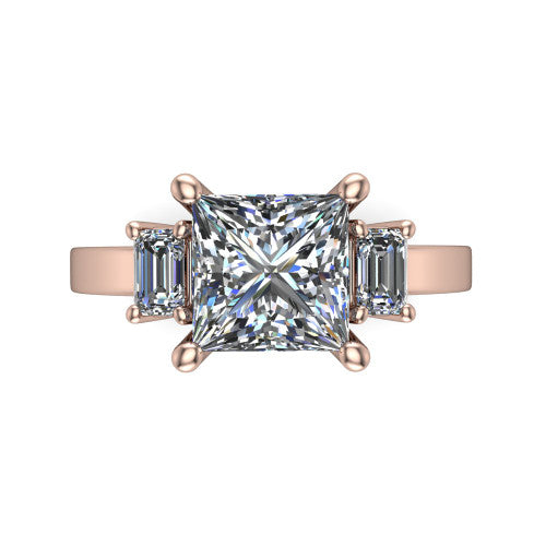 Madelyn princess three stone engagement ring in 18K Rose Gold with emerald-cut side stones, top-down view of the center and emerald-cut side stones