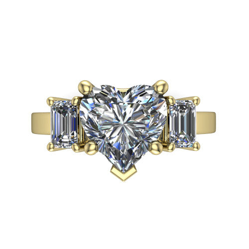 Madelyn heart three stone engagement ring in 18K Yellow Gold with emerald-cut side stones, top-down view of the center and emerald-cut side stones