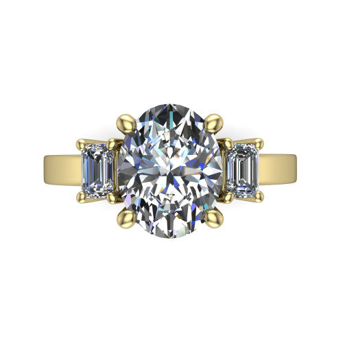 Madelyn oval three stone engagement ring in 14K Yellow Gold with emerald-cut side stones, top-down view of the center and emerald-cut side stones