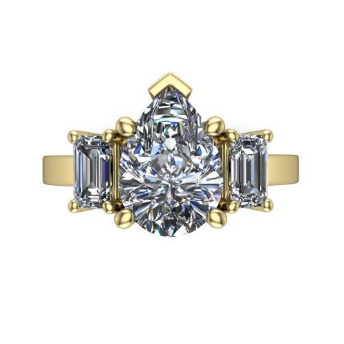 Madelyn pear three stone engagement ring in 18K Yellow Gold with emerald-cut side stones, top-down view of the center and emerald-cut side stones