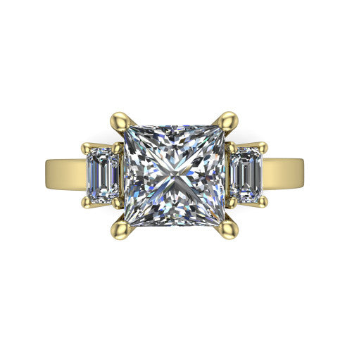 Madelyn princess three stone engagement ring in 18K Yellow Gold with emerald-cut side stones, top-down view of the center and emerald-cut side stones