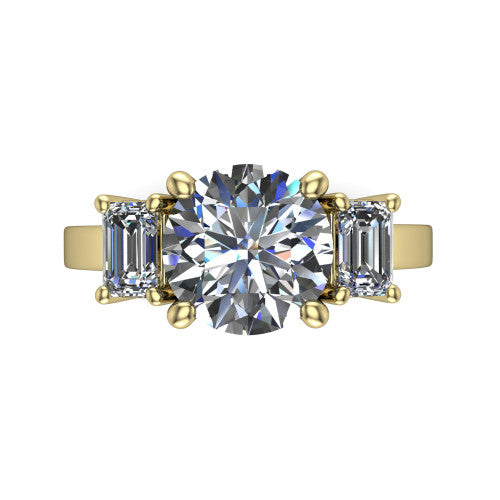 Madelyn round three stone engagement ring in 18K Yellow Gold with emerald-cut side stones, top-down view of the center and emerald-cut side stones
