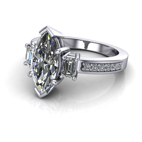 Freya marquise three stone engagement ring in 14K White Gold, three-quarter perspective showing the marquise center between two emerald cut side stones above a pav&eacute; band