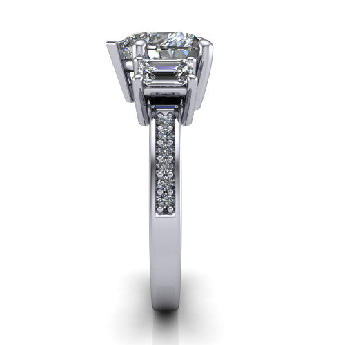 Freya heart three stone engagement ring in Platinum, side profile showing the pav&eacute; milgrain band and the three-stone setting in profile