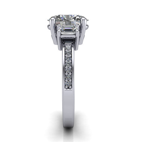 Freya oval three stone engagement ring in 18K White Gold, side profile showing the pav&eacute; milgrain band and the three-stone setting in profile