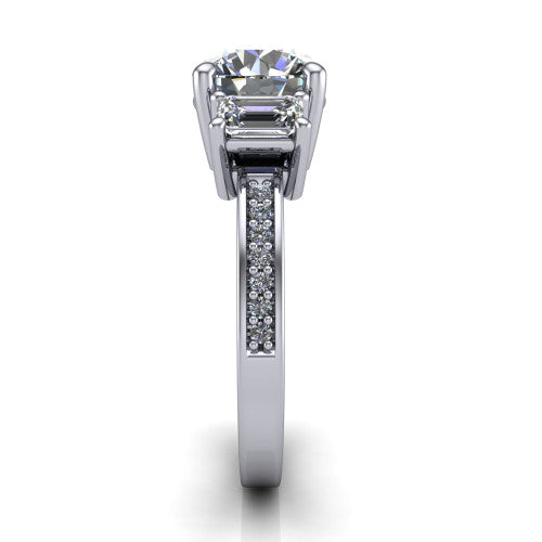 Freya round three stone engagement ring in 14K White Gold, side profile showing the pav&eacute; milgrain band and the three-stone setting in profile