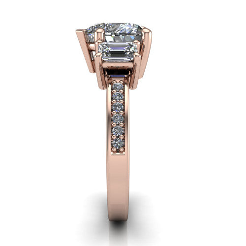 Freya heart three stone engagement ring in 14K Rose Gold, side profile showing the pav&eacute; milgrain band and the three-stone setting in profile