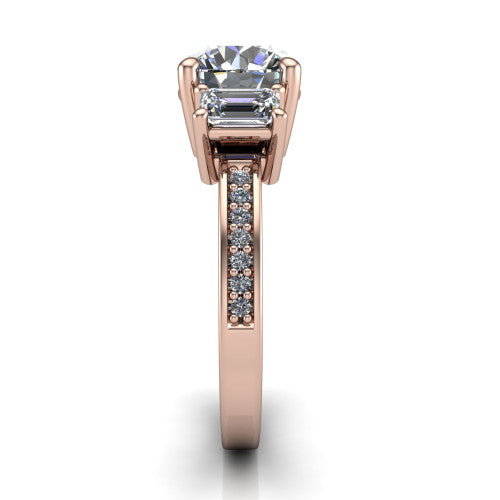 Freya round three stone engagement ring in 18K Rose Gold, side profile showing the pav&eacute; milgrain band and the three-stone setting in profile