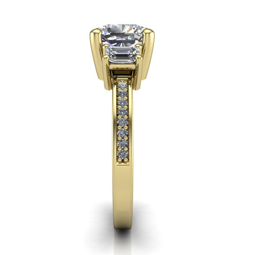 Freya cushion three stone engagement ring in 18K Yellow Gold, side profile showing the pav&eacute; milgrain band and the three-stone setting in profile