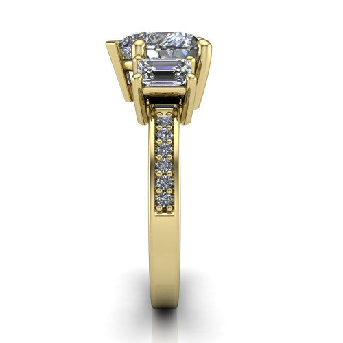 Freya heart three stone engagement ring in 14K Yellow Gold, side profile showing the pav&eacute; milgrain band and the three-stone setting in profile