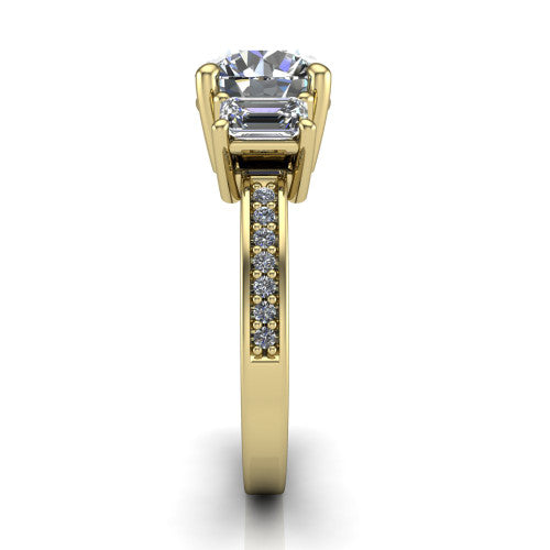 Freya round three stone engagement ring in 18K Yellow Gold, side profile showing the pav&eacute; milgrain band and the three-stone setting in profile