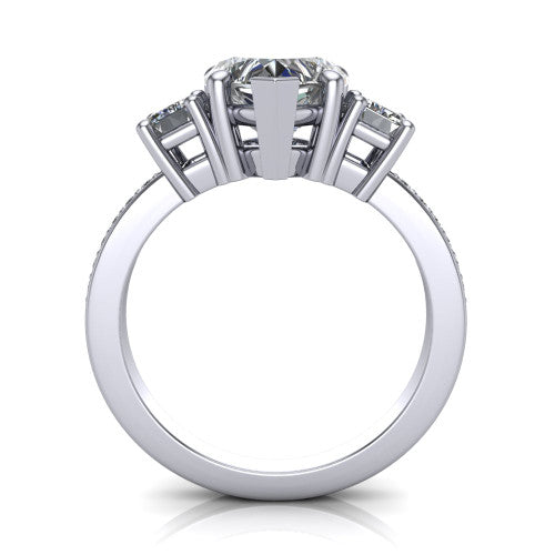 Freya heart three stone engagement ring in Platinum, through-finger front profile showing the three-stone head above the open under-gallery and pav&eacute; band