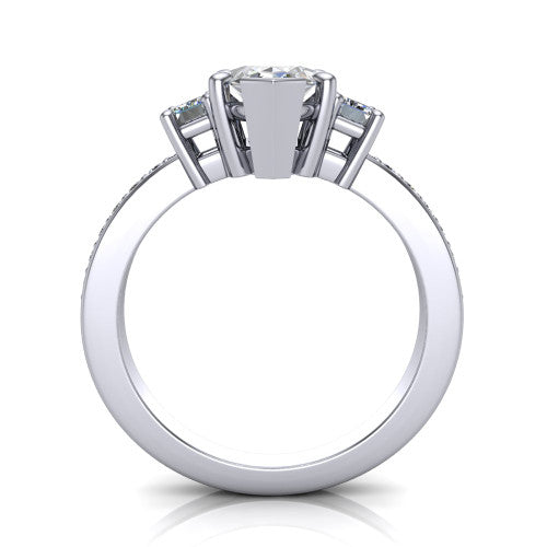 Freya marquise three stone engagement ring in 14K White Gold, through-finger front profile showing the three-stone head above the open under-gallery and pav&eacute; band