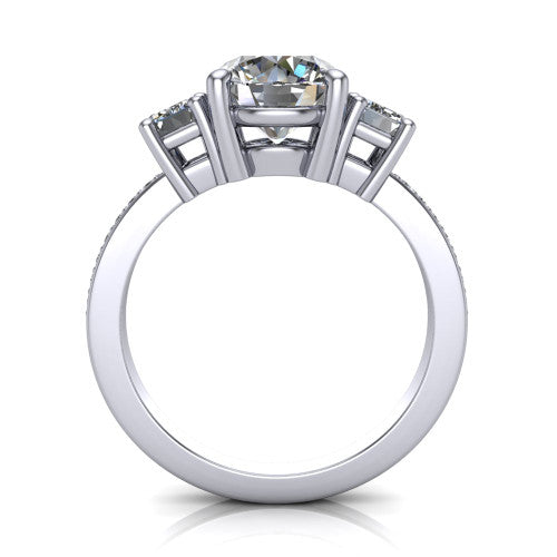 Freya round three stone engagement ring in Platinum, through-finger front profile showing the three-stone head above the open under-gallery and pav&eacute; band