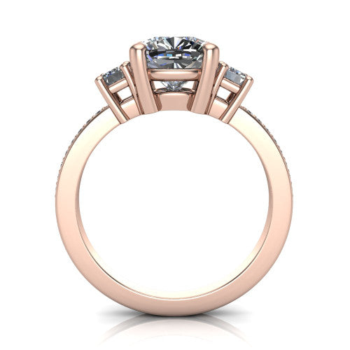 Freya cushion three stone engagement ring in 14K Rose Gold, through-finger front profile showing the three-stone head above the open under-gallery and pav&eacute; band
