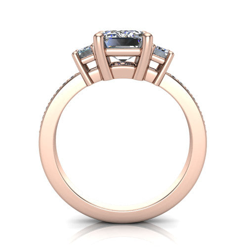 Freya emerald three stone engagement ring in 14K Rose Gold, through-finger front profile showing the three-stone head above the open under-gallery and pav&eacute; band