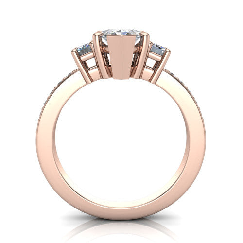 Freya marquise three stone engagement ring in 18K Rose Gold, through-finger front profile showing the three-stone head above the open under-gallery and pav&eacute; band