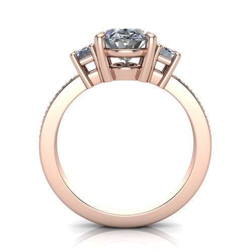 Freya oval three stone engagement ring in 18K Rose Gold, through-finger front profile showing the three-stone head above the open under-gallery and pav&eacute; band