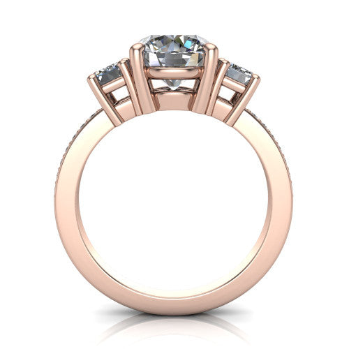 Freya round three stone engagement ring in 14K Rose Gold, through-finger front profile showing the three-stone head above the open under-gallery and pav&eacute; band