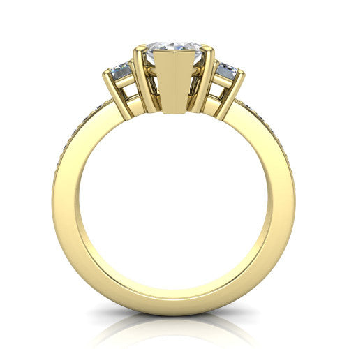 Freya marquise three stone engagement ring in 18K Yellow Gold, through-finger front profile showing the three-stone head above the open under-gallery and pav&eacute; band