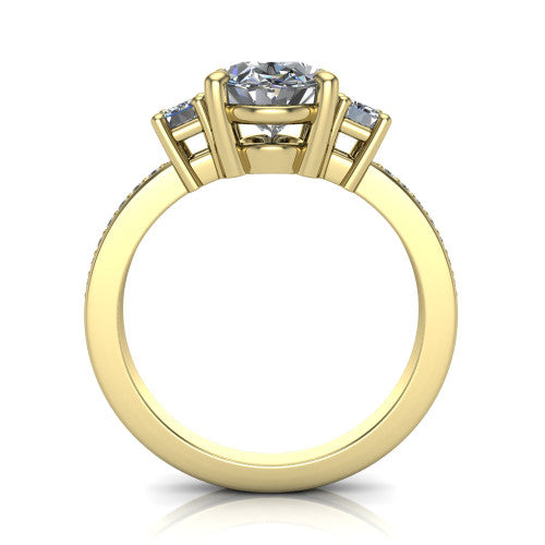 Freya oval three stone engagement ring in 14K Yellow Gold, through-finger front profile showing the three-stone head above the open under-gallery and pav&eacute; band