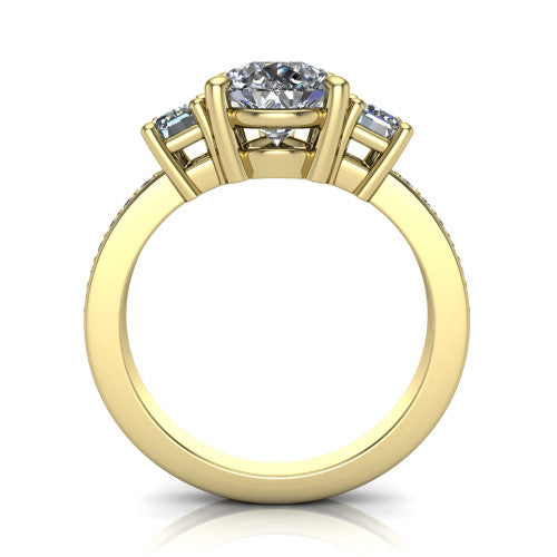 Freya pear three stone engagement ring in 18K Yellow Gold, through-finger front profile showing the three-stone head above the open under-gallery and pav&eacute; band