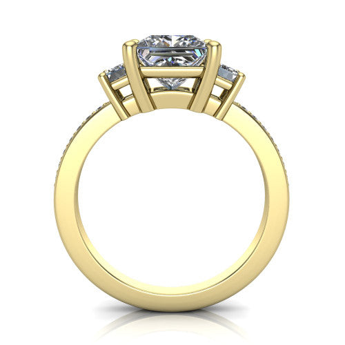Freya princess three stone engagement ring in 14K Yellow Gold, through-finger front profile showing the three-stone head above the open under-gallery and pav&eacute; band