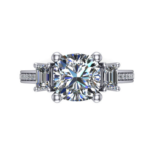 Freya cushion three stone engagement ring in 18K White Gold, top-down view showing the cushion center flanked by two emerald cut step-cut side diamonds