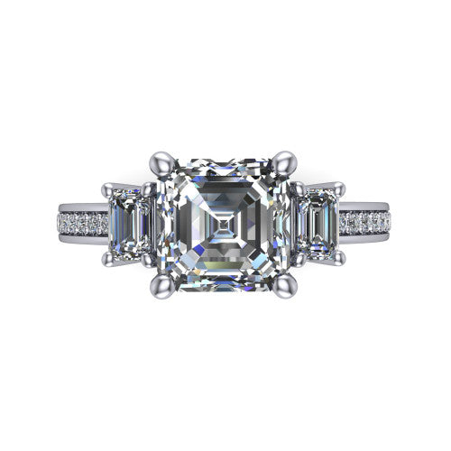Freya square emerald three stone engagement ring in 14K White Gold, top-down view showing the square emerald center flanked by two emerald cut step-cut side diamonds