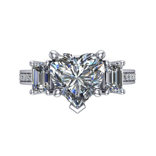 Freya heart three stone engagement ring in 18K White Gold, top-down view showing the heart center flanked by two emerald cut step-cut side diamonds