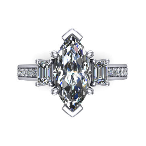Freya marquise three stone engagement ring in Platinum, top-down view showing the marquise center flanked by two emerald cut step-cut side diamonds