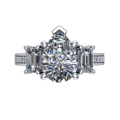 Freya pear three stone engagement ring in 14K White Gold, top-down view showing the pear center flanked by two emerald cut step-cut side diamonds