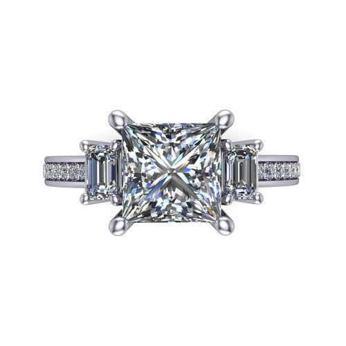 Freya princess three stone engagement ring in Platinum, top-down view showing the princess center flanked by two emerald cut step-cut side diamonds