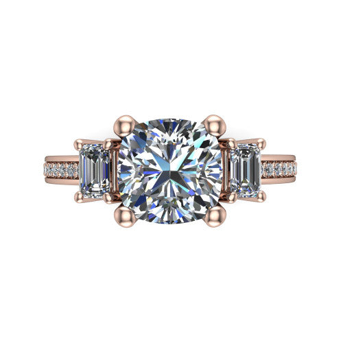 Freya cushion three stone engagement ring in 14K Rose Gold, top-down view showing the cushion center flanked by two emerald cut step-cut side diamonds