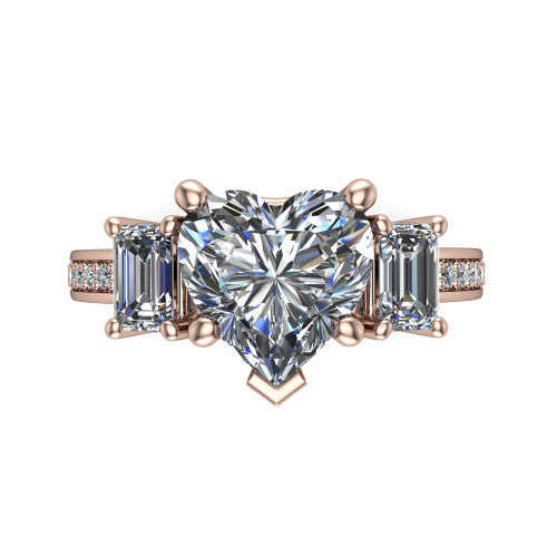 Freya heart three stone engagement ring in 18K Rose Gold, top-down view showing the heart center flanked by two emerald cut step-cut side diamonds