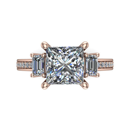 Freya princess three stone engagement ring in 18K Rose Gold, top-down view showing the princess center flanked by two emerald cut step-cut side diamonds