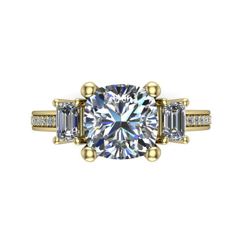Freya cushion three stone engagement ring in 18K Yellow Gold, top-down view showing the cushion center flanked by two emerald cut step-cut side diamonds