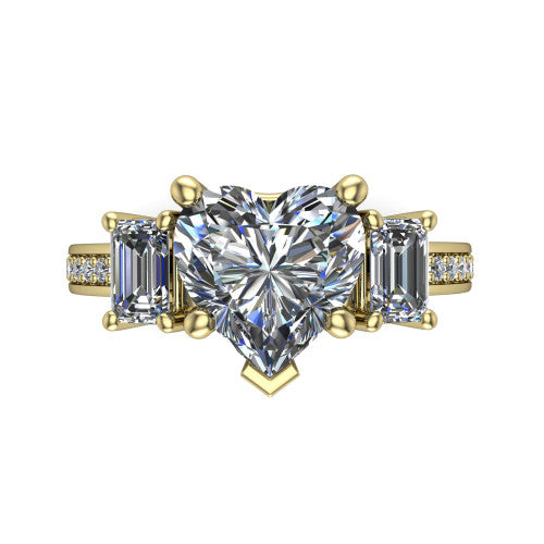 Freya heart three stone engagement ring in 18K Yellow Gold, top-down view showing the heart center flanked by two emerald cut step-cut side diamonds