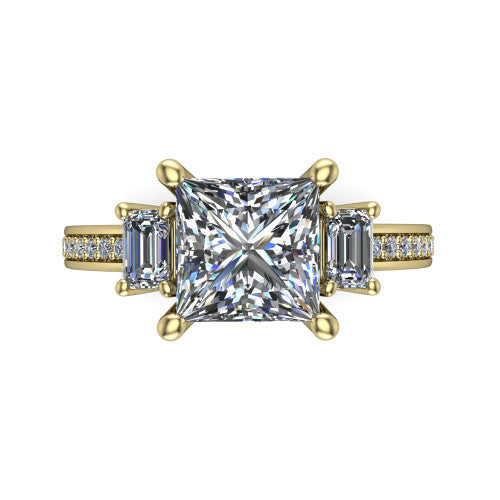 Freya princess three stone engagement ring in 14K Yellow Gold, top-down view showing the princess center flanked by two emerald cut step-cut side diamonds