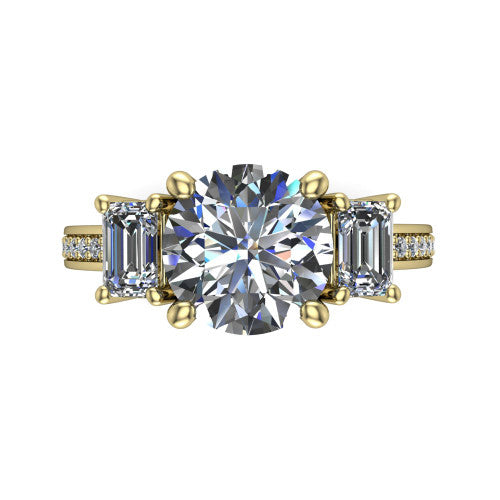 Freya round three stone engagement ring in 18K Yellow Gold, top-down view showing the round center flanked by two emerald cut step-cut side diamonds