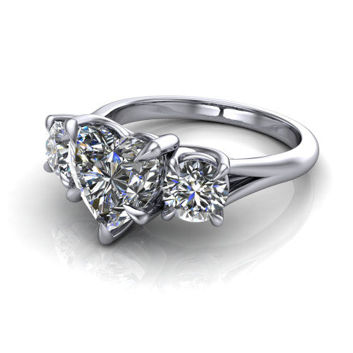 Jasmine heart three stone engagement ring in 14K White Gold with round side stones, three-quarter perspective view